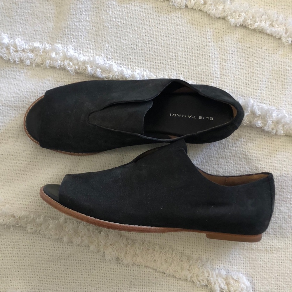 Elie Tahari suede open toe flats